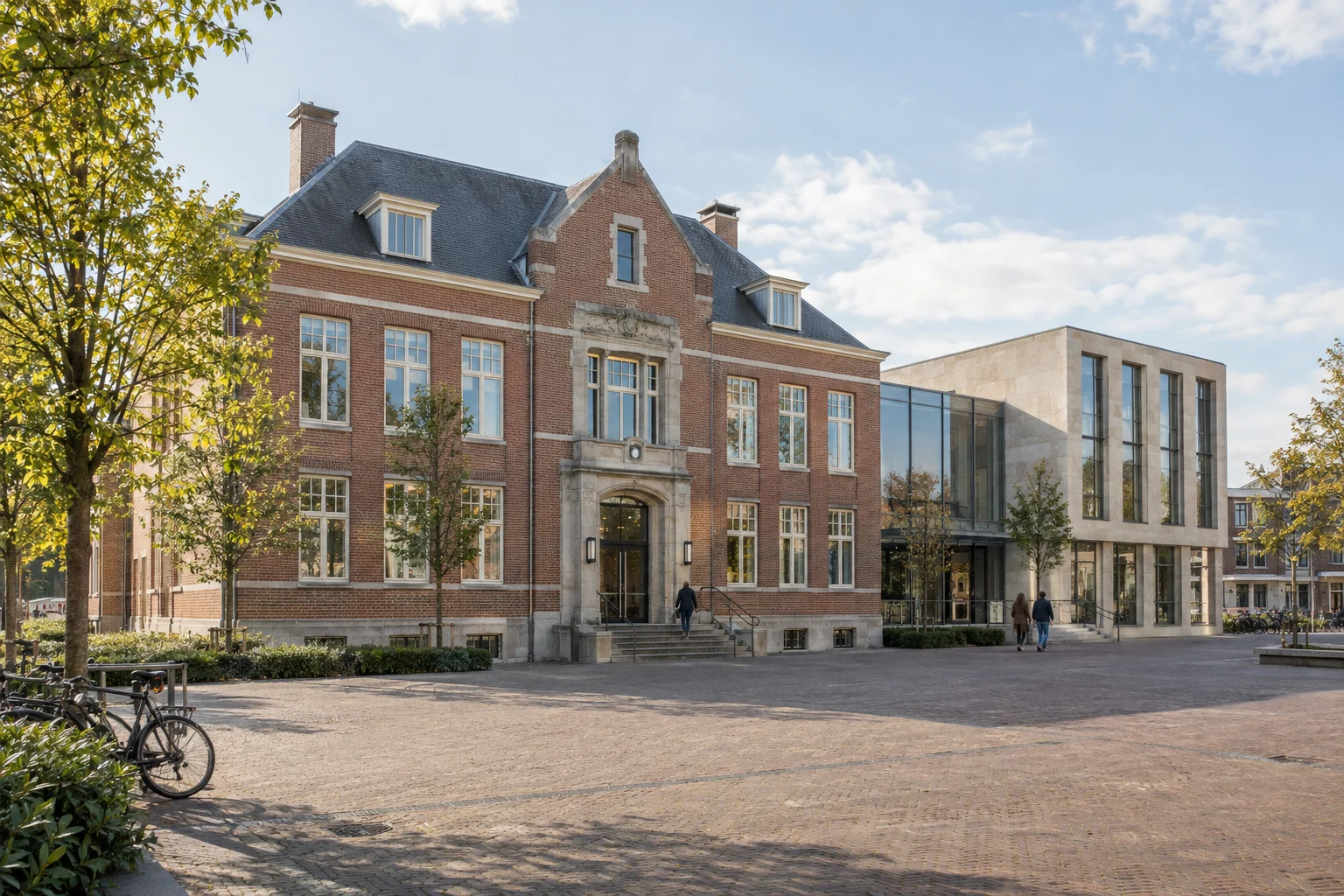 Illustratief Nederlands gemeentehuis met historische en moderne architectuur
