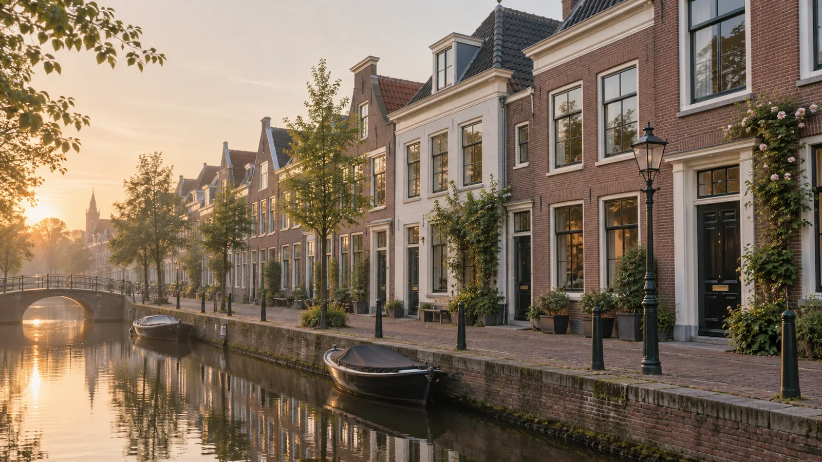 Een rij Nederlandse grachtenpanden aan het water